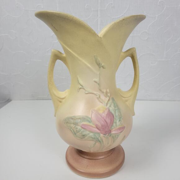 VTG Hull Pottery Magnolia Flower Vase Footed Matte‎ Yellow 2 Handle Art Nouveau - Picture 5 of 16
